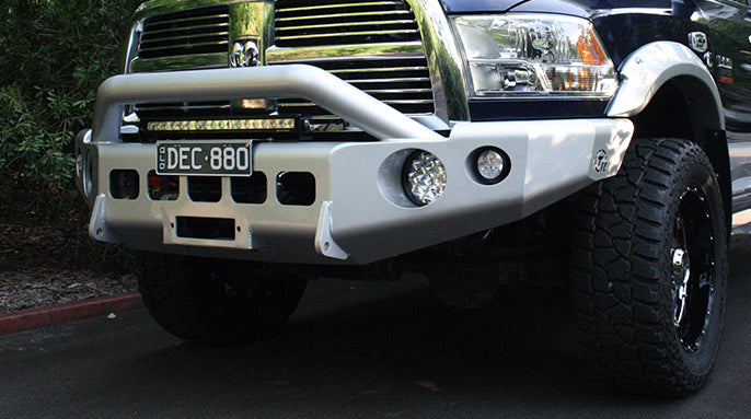 TrailReady pre-runner bar installed on RAM 1500, rugged off-road design for enhanced vehicle protection and adventure readiness.